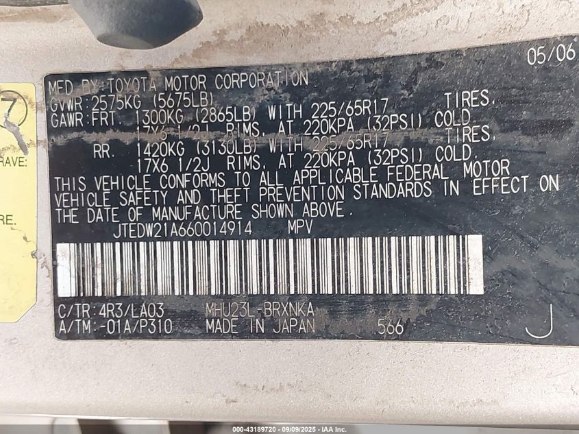 2006 Toyota Highlander Hybrid Limited V6 VIN: JTEDW21A660014914 Lot: 43189720