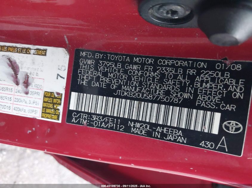 2008 Toyota Prius VIN: JTDKB20U587750787 Lot: 43189730