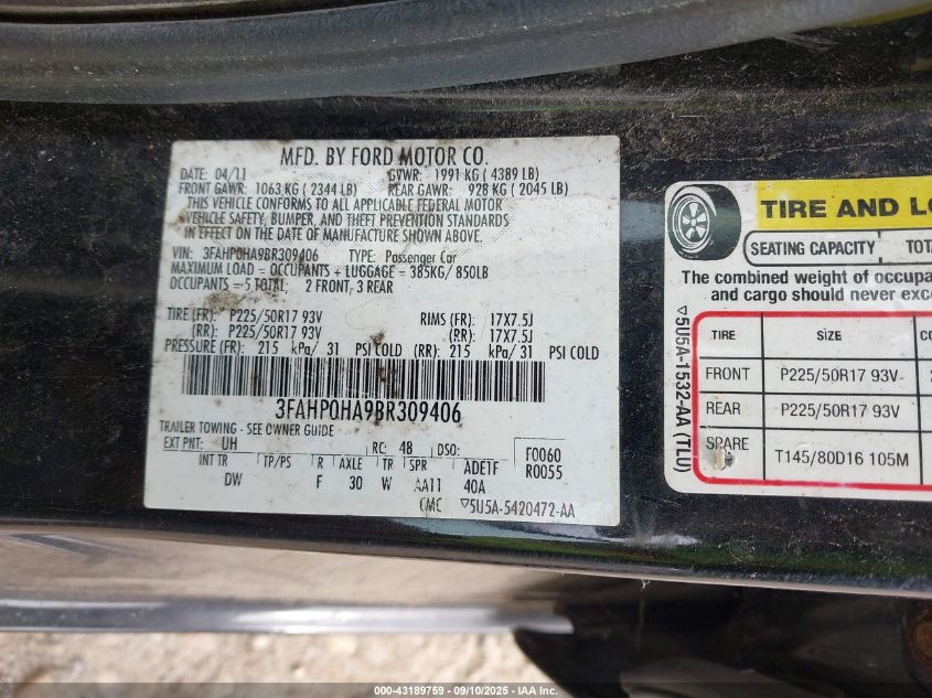 2011 Ford Fusion Se VIN: 3FAHP0HA9BR309406 Lot: 43189759