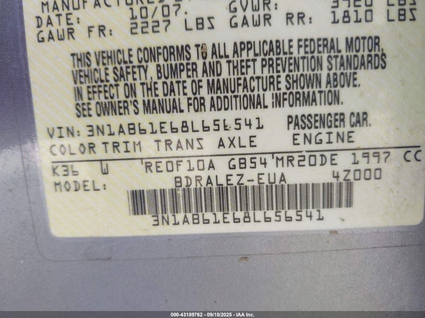 2008 Nissan Sentra 2.0S VIN: 3N1AB61E68L656541 Lot: 43189762