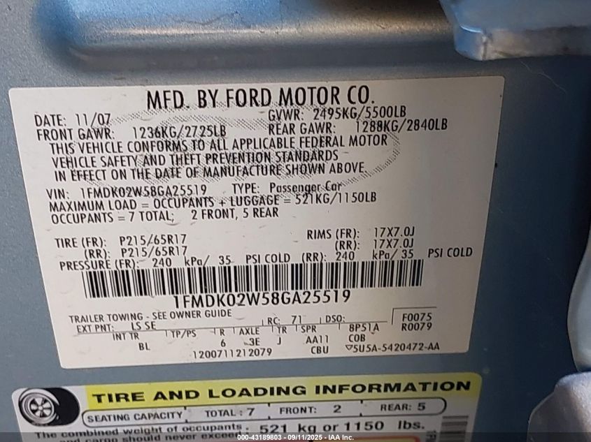 2008 Ford Taurus X Sel VIN: 1FMDK02W58GA25519 Lot: 43189803