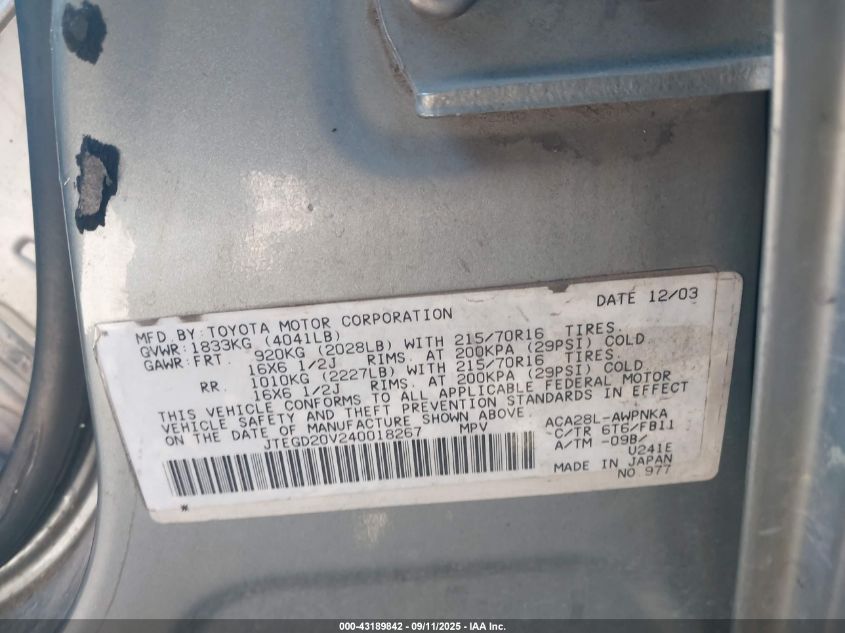 2004 Toyota Rav4 VIN: JTEGD20V240018267 Lot: 43189842