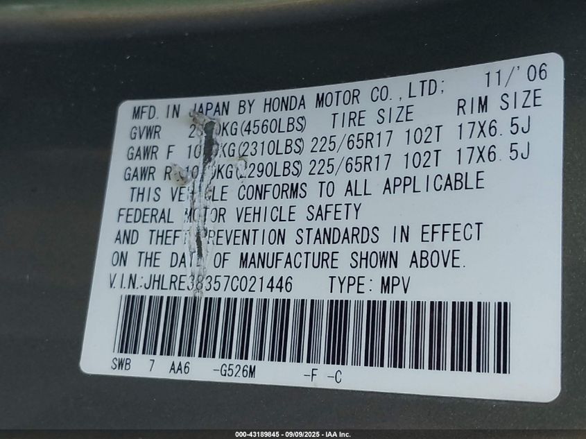 2007 Honda Cr-V Lx VIN: JHLRE38357C021446 Lot: 43189845