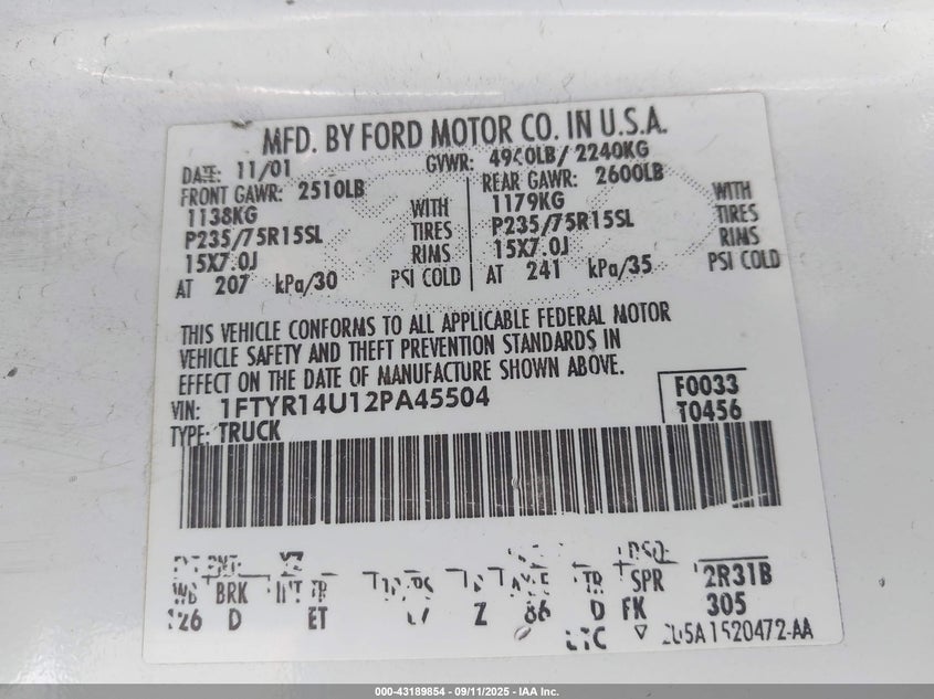2002 Ford Ranger Edge/Tremor/Xl/Xlt VIN: 1FTYR14U12PA45504 Lot: 43189854