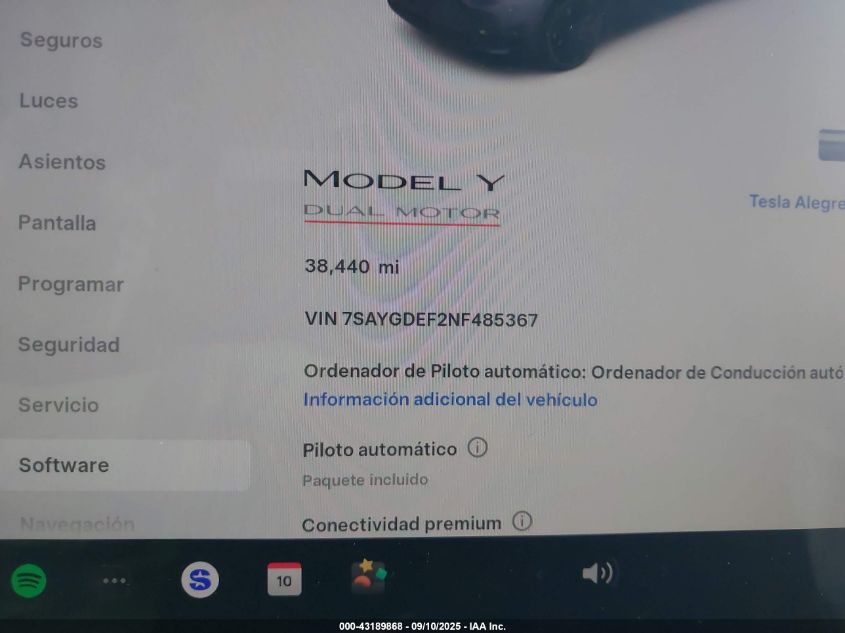 2022 Tesla Model Y Performance Dual Motor All-Wheel Drive VIN: 7SAYGDEF2NF485367 Lot: 43189868