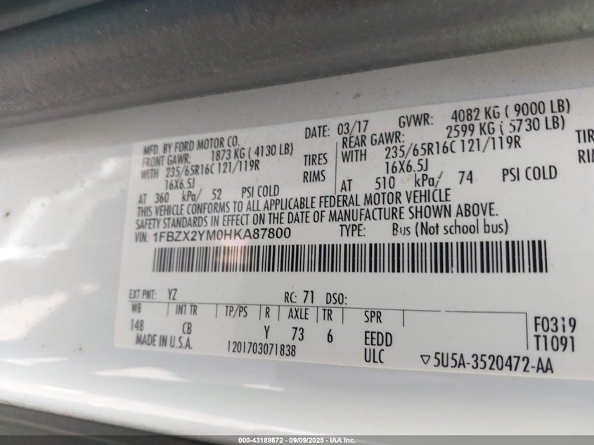 2017 FORD TRANSIT-350 XLT 1FBZX2YM0HKA87800