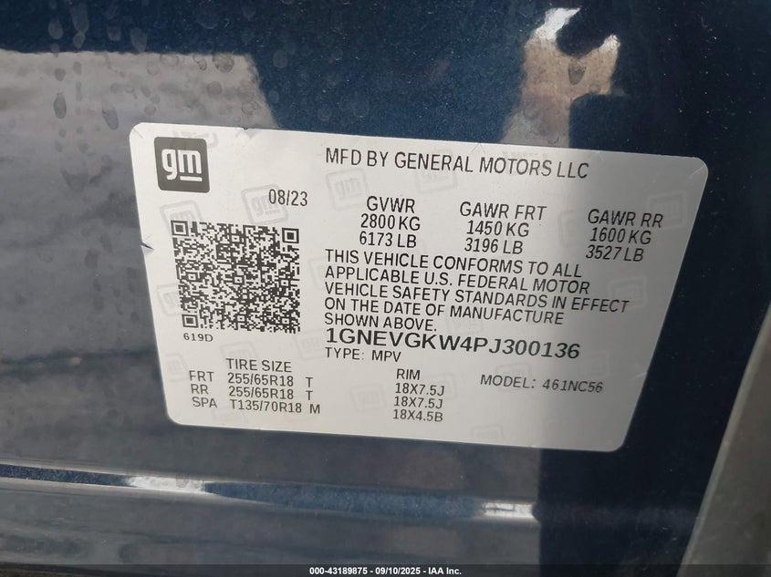 2023 Chevrolet Traverse Lt VIN: 1GNEVGKW4PJ300136 Lot: 43189875