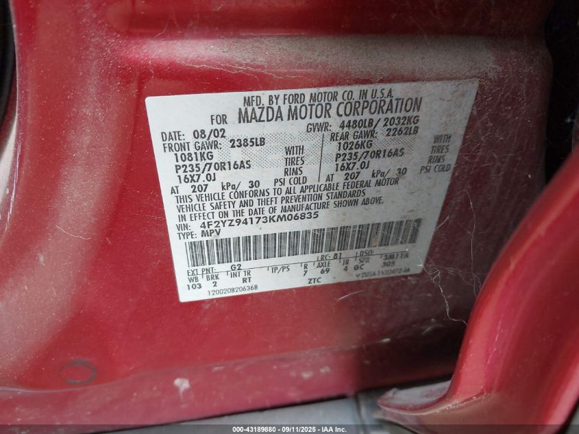 2003 Mazda Tribute Lx V6 VIN: 4F2YZ94173KM06835 Lot: 43189880