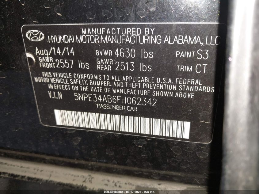 2015 Hyundai Sonata Sport 2.0T VIN: 5NPE34AB6FH062342 Lot: 43189885