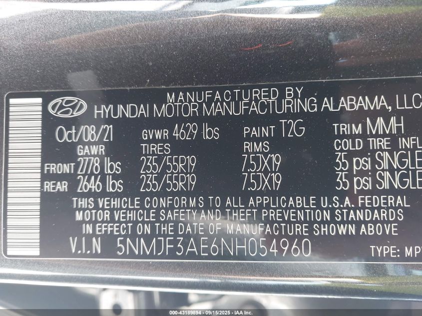 2022 Hyundai Tucson Sel VIN: 5NMJF3AE6NH054960 Lot: 43189894