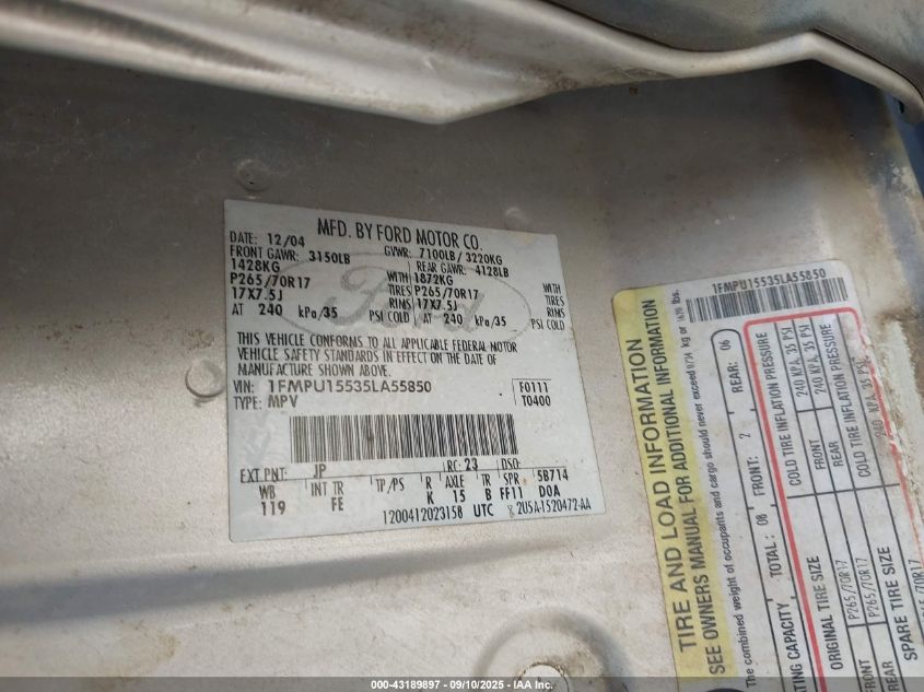 2005 Ford Expedition Xlt VIN: 1FMPU15535LA55850 Lot: 43189897
