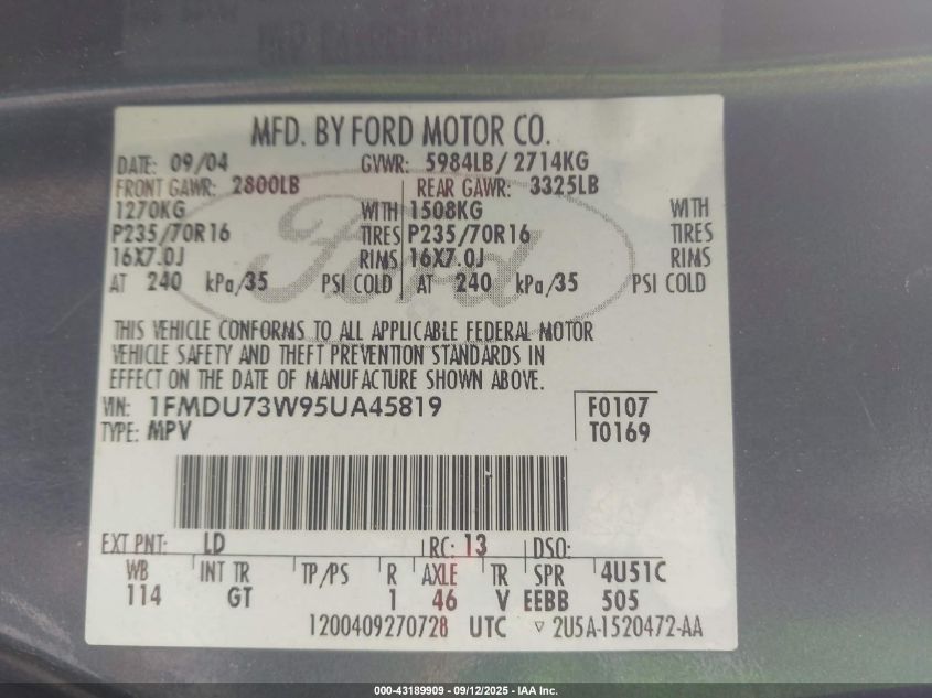 2005 Ford Explorer Xlt/Xlt Sport VIN: 1FMDU73W95UA45819 Lot: 43189909