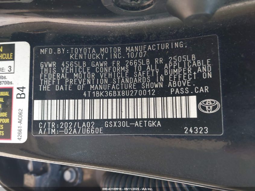 2008 Toyota Avalon Xls VIN: 4T1BK36BX8U270012 Lot: 43189916