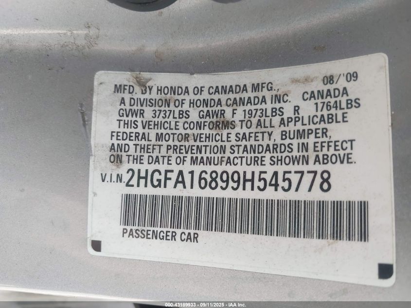 2009 Honda Civic Ex VIN: 2HGFA16899H545778 Lot: 43189933