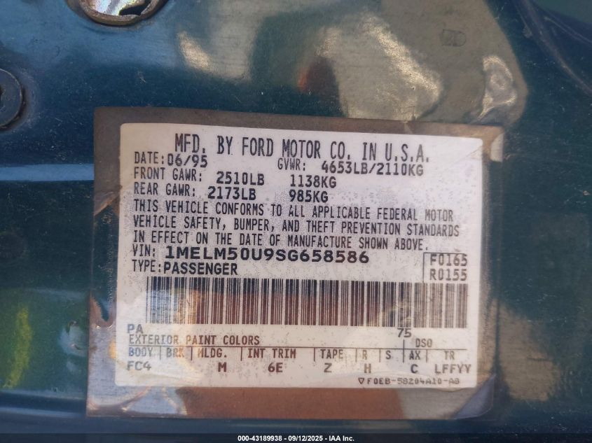 1995 Mercury Sable Gs VIN: 1MELM50U9SG658586 Lot: 43189938