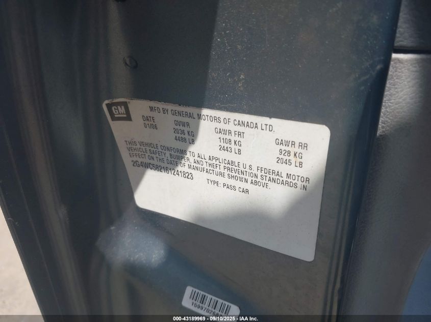 2006 Buick Lacrosse Cx VIN: 2G4WC582161241823 Lot: 43189969