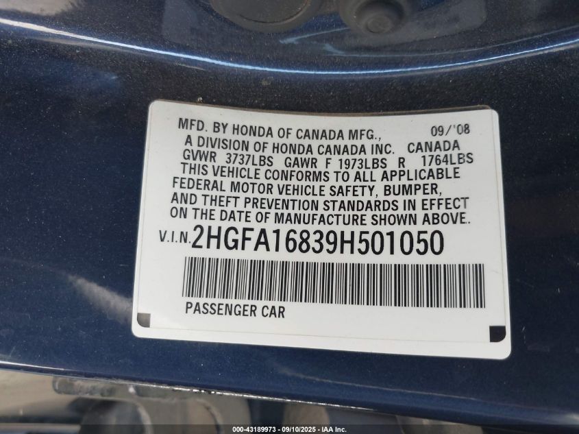 2009 Honda Civic Ex VIN: 2HGFA16839H501050 Lot: 43189973