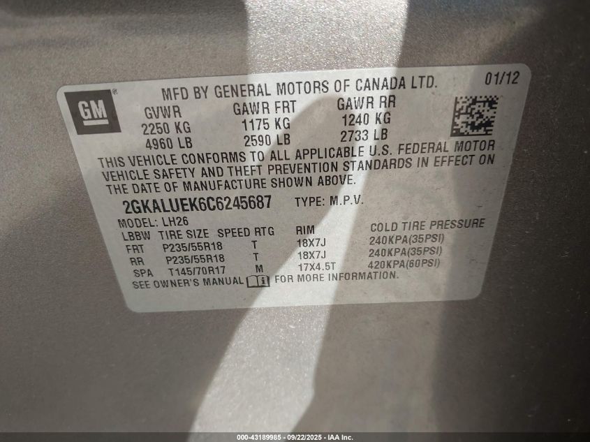 2012 GMC Terrain Slt-1 VIN: 2GKALUEK6C6245687 Lot: 43189985