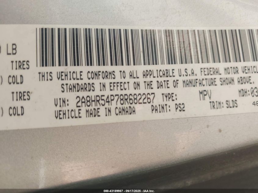 2008 Chrysler Town & Country Touring VIN: 2A8HR54P78R682267 Lot: 43189987