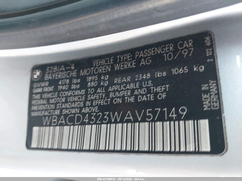 1998 BMW 328I VIN: WBACD4323WAV57149 Lot: 43190015
