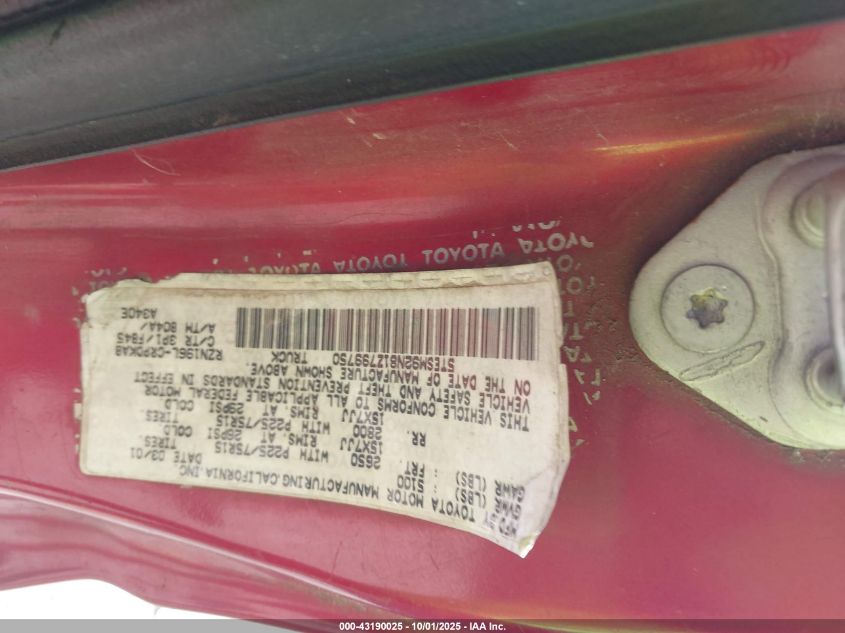 2001 Toyota Tacoma Prerunner VIN: 5TESM92N81Z799750 Lot: 43190025