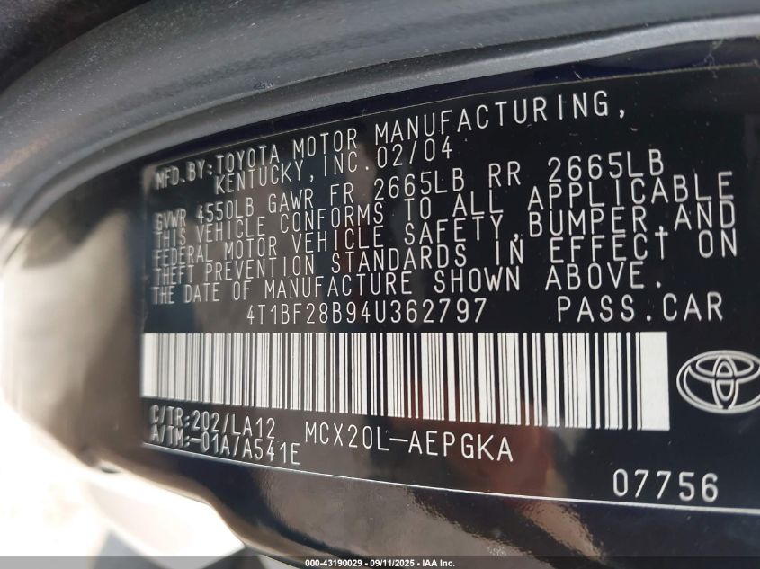 2004 Toyota Avalon Xls VIN: 4T1BF28B94U362797 Lot: 43190029