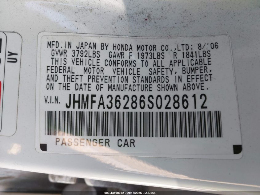 2006 Honda Civic Hybrid VIN: JHMFA36286S028612 Lot: 43190032