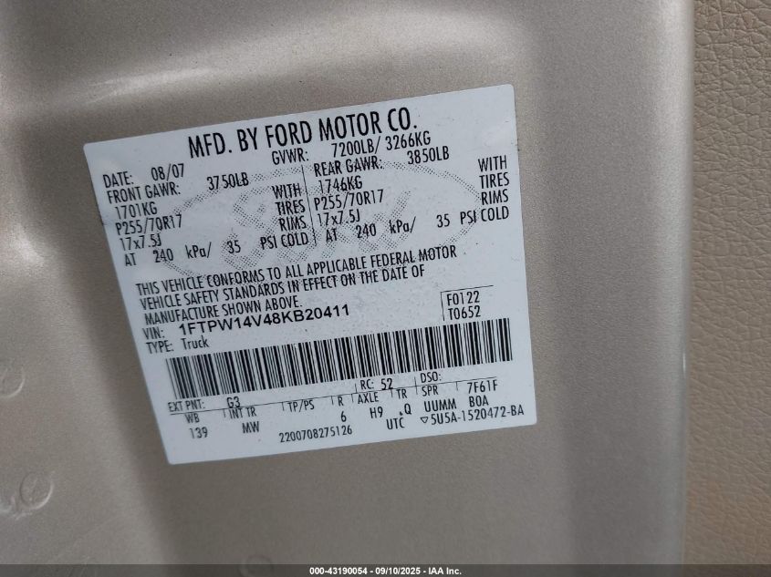 2008 Ford F-150 60Th Anniversary/Fx4/King Ranch/Lariat/Xlt VIN: 1FTPW14V48KB20411 Lot: 43190054