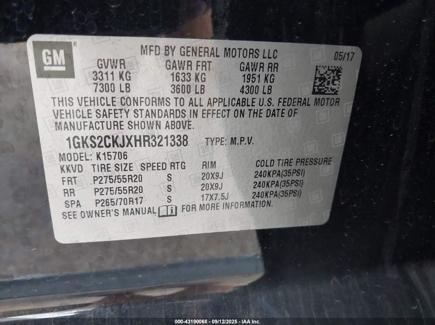 2017 GMC Yukon Denali VIN: 1GKS2CKJXHR321338 Lot: 43190068
