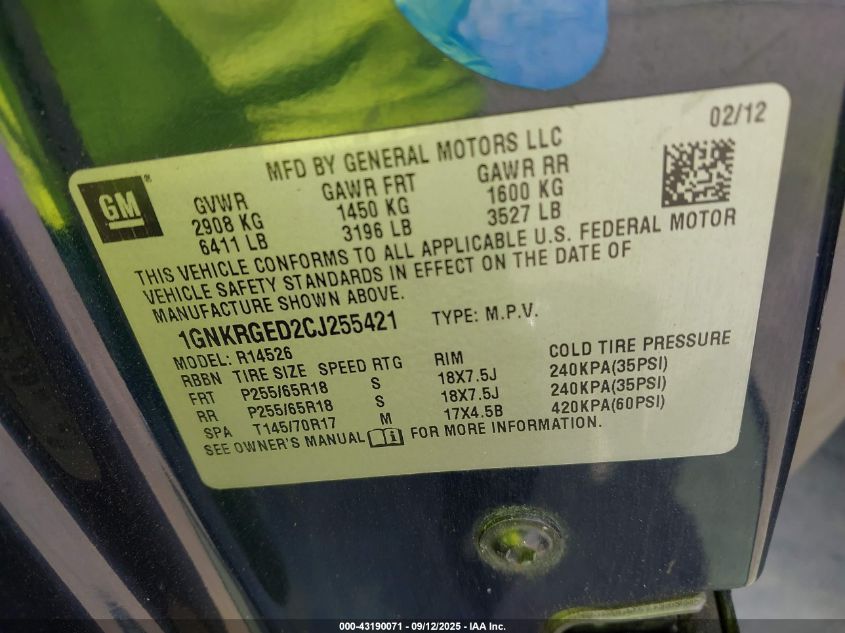 2012 Chevrolet Traverse 1Lt VIN: 1GNKRGED2CJ255421 Lot: 43190071