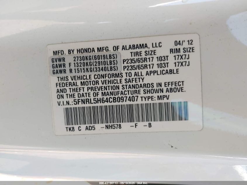 2012 Honda Odyssey Ex-L VIN: 5FNRL5H64CB097407 Lot: 43190113