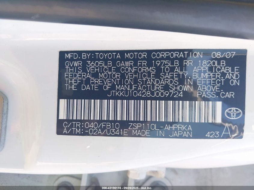 2008 Scion Xd VIN: JTKKU10428J009724 Lot: 43190116