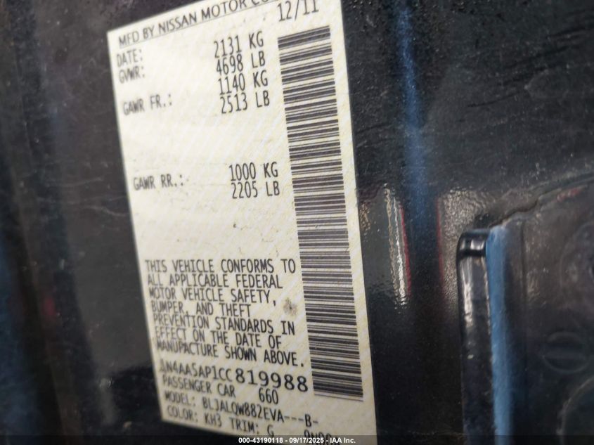 2012 Nissan Maxima 3.5 S VIN: 1N4AA5AP1CC819988 Lot: 43190118