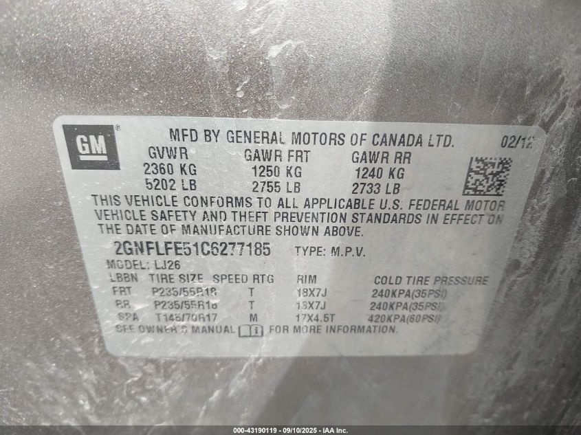 2012 Chevrolet Equinox Ltz VIN: 2GNFLFE51C6277185 Lot: 43190119