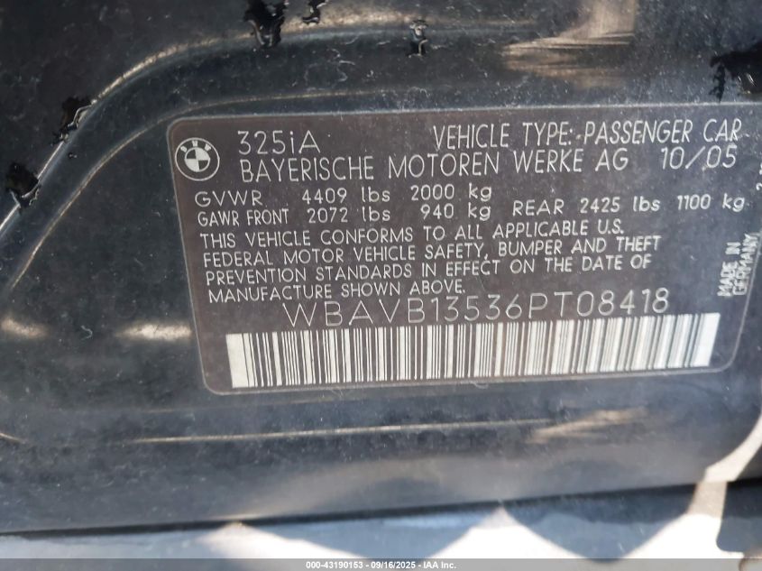 2006 BMW 325I VIN: WBAVB13536PT08418 Lot: 43190153