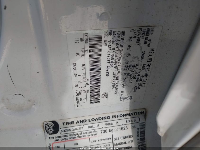 2007 Ford Expedition Eddie Bauer VIN: 1FMFU17577LA82139 Lot: 43190162