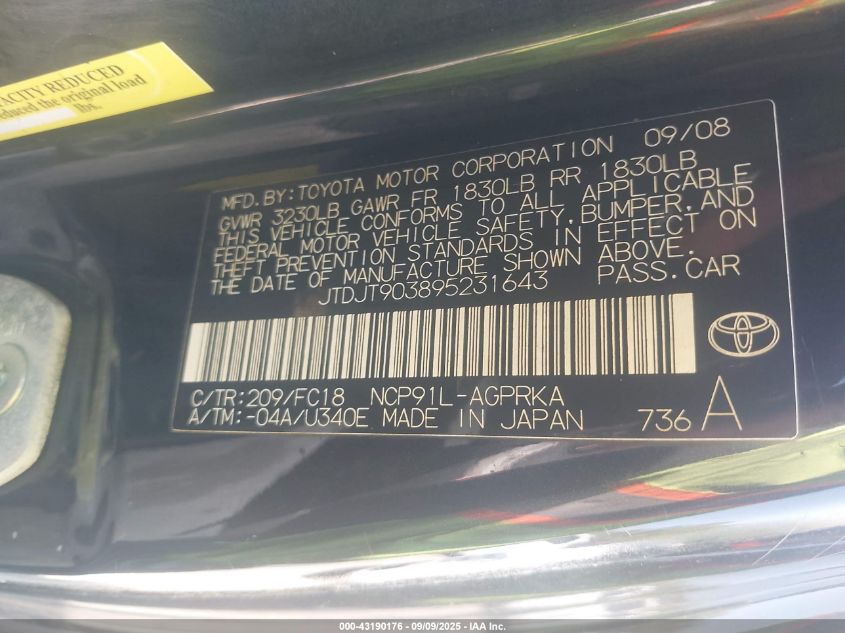 2009 Toyota Yaris VIN: JTDJT903895231643 Lot: 43190176