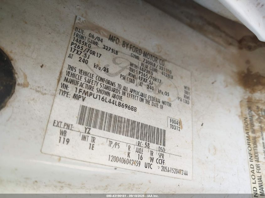 2004 Ford Expedition Nbx/Xlt VIN: 1FMPU16L44LB69688 Lot: 43190181