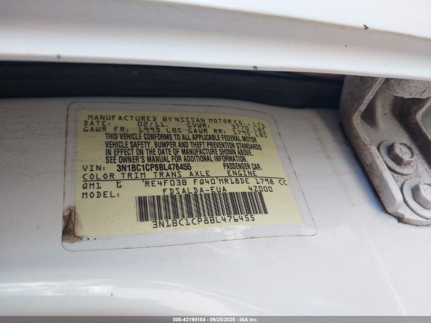 2011 Nissan Versa 1.8S VIN: 3N1BC1CP8BL476455 Lot: 43190184