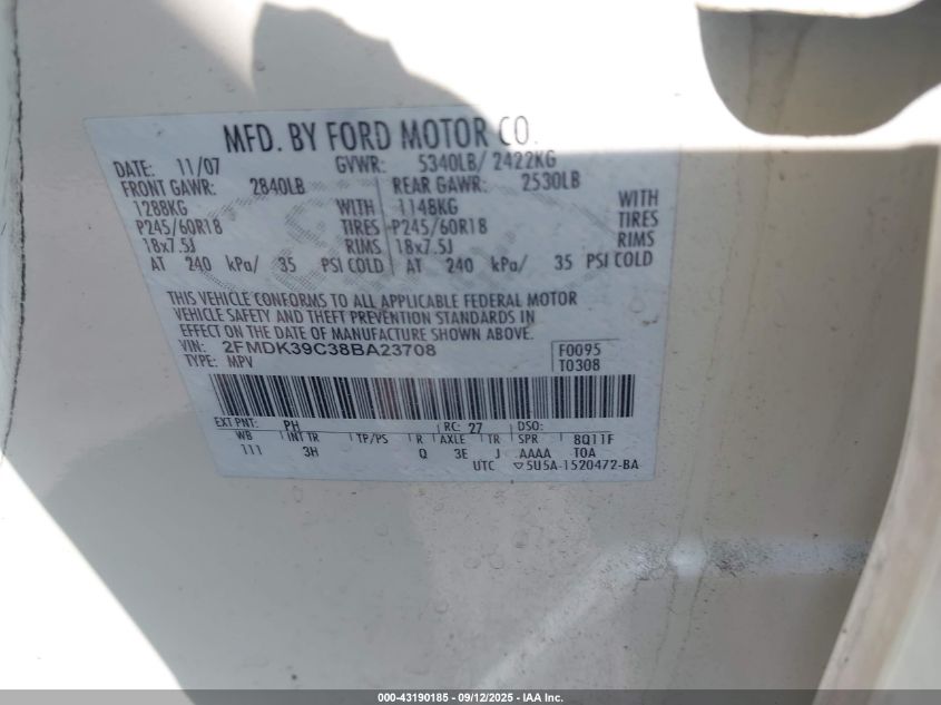 2008 Ford Edge Limited VIN: 2FMDK39C38BA23708 Lot: 43190185