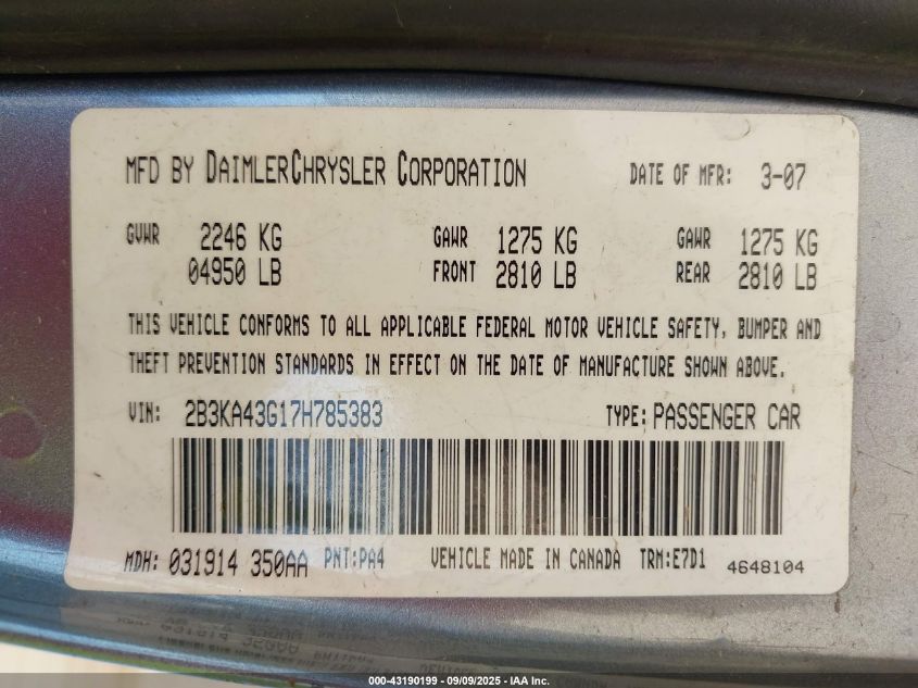 2007 Dodge Charger VIN: 2B3KA43G17H785383 Lot: 43190199