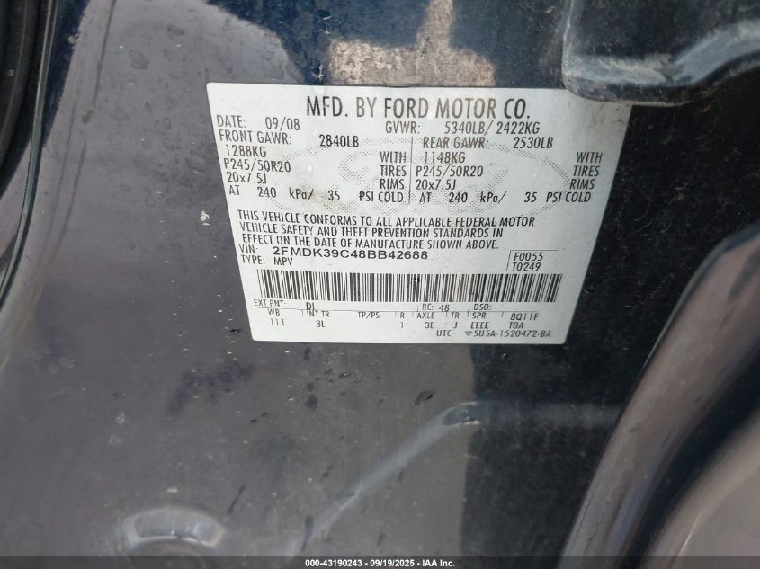 2008 Ford Edge Limited VIN: 2FMDK39C48BB42688 Lot: 43190243