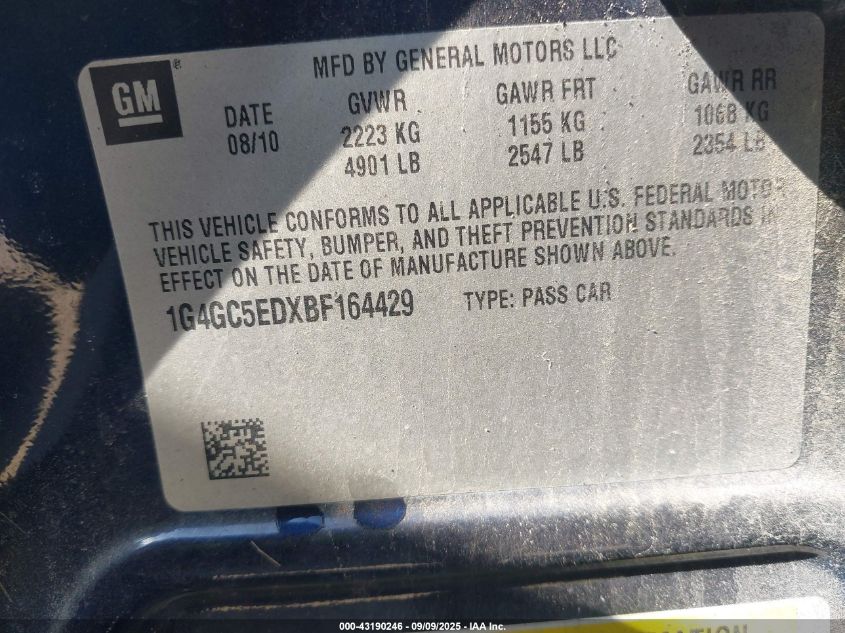 2011 Buick Lacrosse Cxl VIN: 1G4GC5EDXBF164429 Lot: 43190246