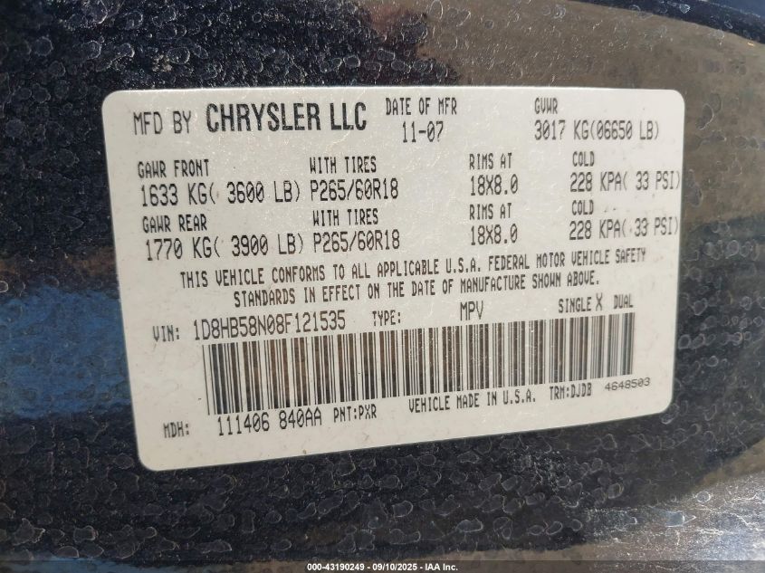 2008 Dodge Durango Limited VIN: 1D8HB58N08F121535 Lot: 43190249