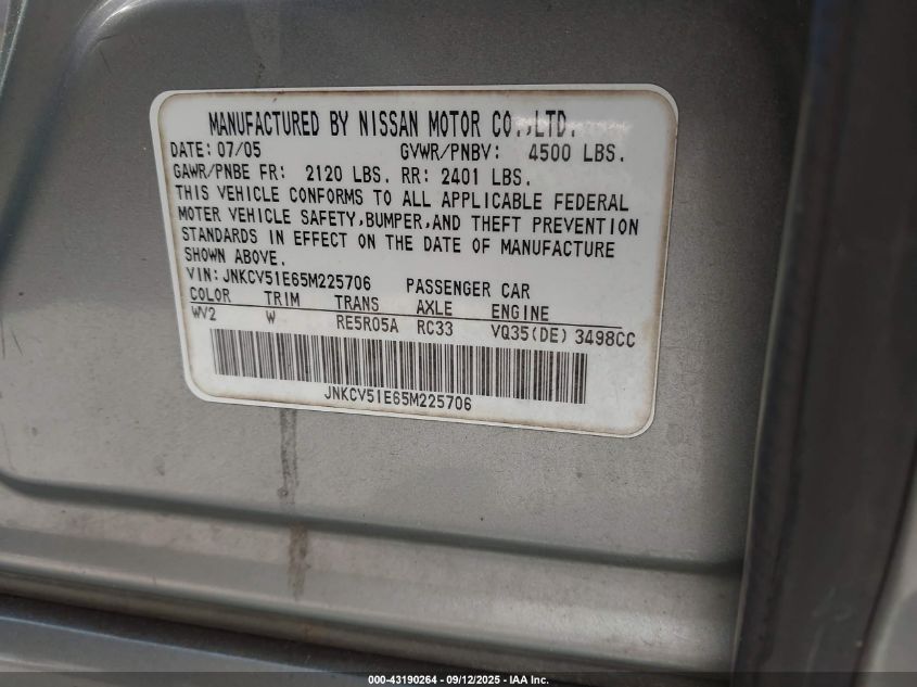 2005 Infiniti G35 VIN: JNKCV51E65M225706 Lot: 43190264