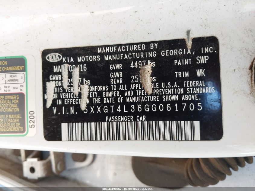 2016 Kia Optima Lx VIN: 5XXGT4L36GG061705 Lot: 43190267