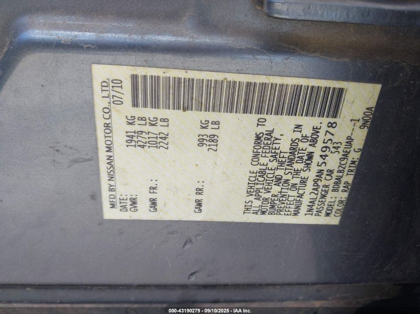 2010 Nissan Altima S VIN: 1N4AL2AP9AN549578 Lot: 43190279