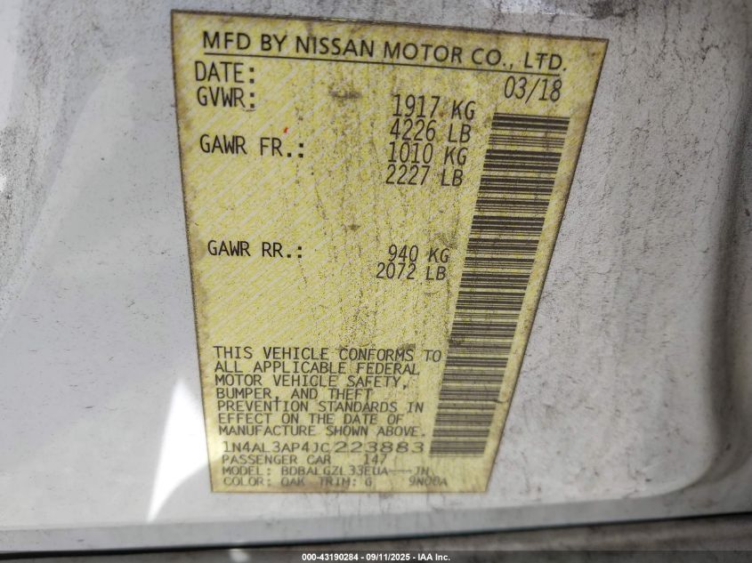 2018 Nissan Altima 2.5 S VIN: 1N4AL3AP4JC223883 Lot: 43190284