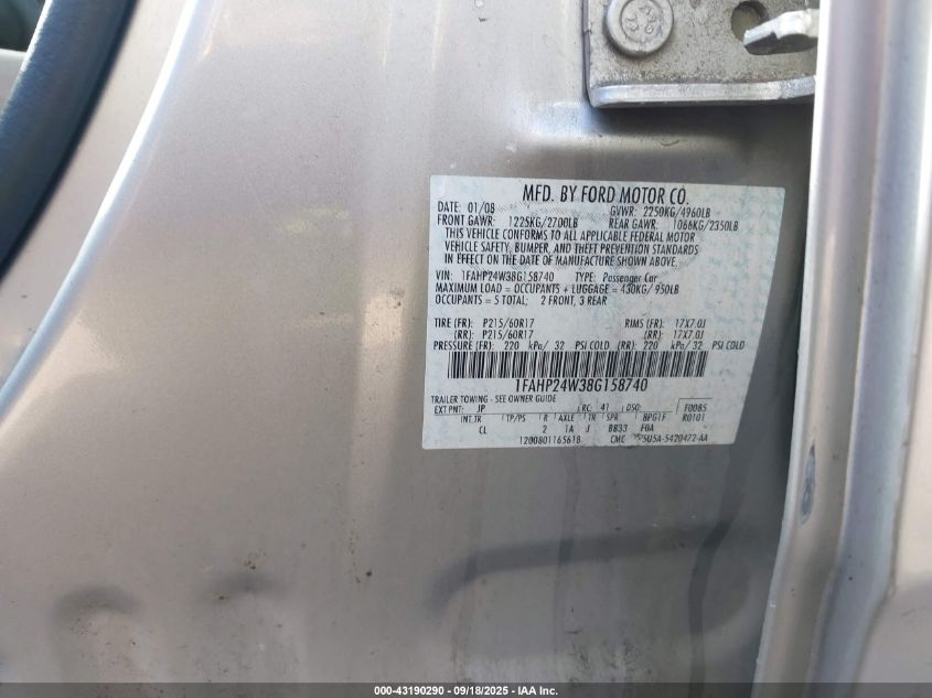 2008 Ford Taurus Sel VIN: 1FAHP24W38G158740 Lot: 43190290