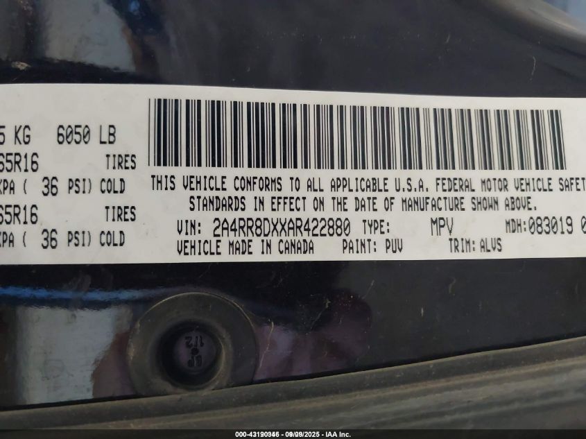 2010 Chrysler Town & Country Touring Plus VIN: 2A4RR8DXXAR422880 Lot: 43190346